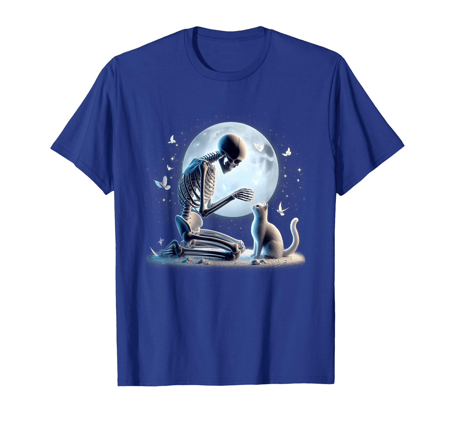 Skeleton with Cat Gothic Halloween Moon Scene White Kitty T-Shirt
