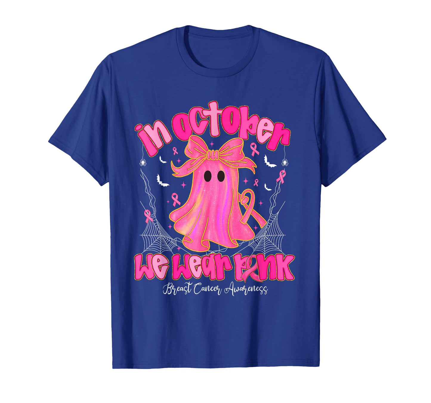 Halloween Ghost Cute Bow Breast Cancer Awareness Pink Ribbon T-Shirt