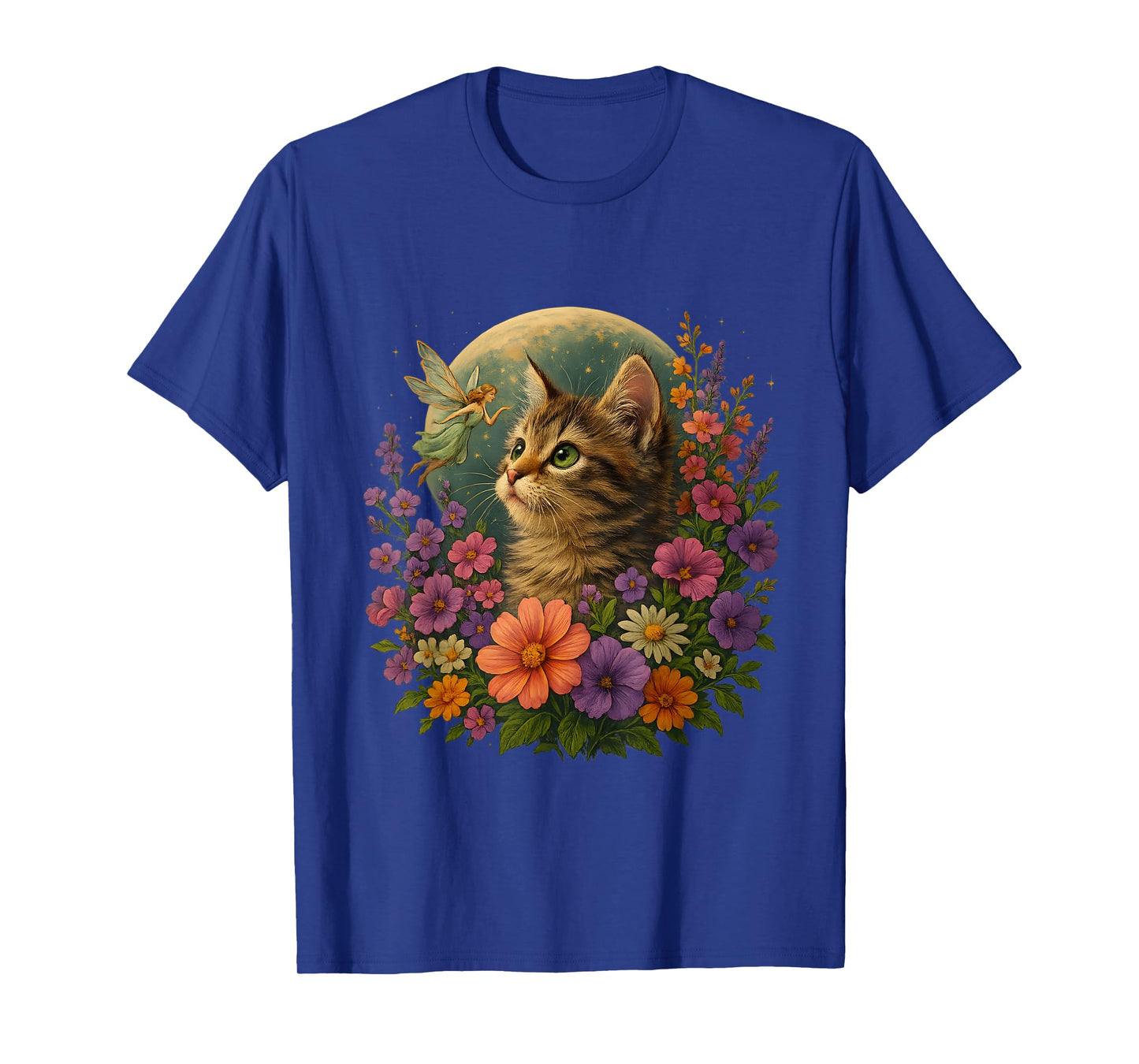 Fairycore Kitten Moon Wildflowers Tee Whimsical Floral Lunar T-Shirt