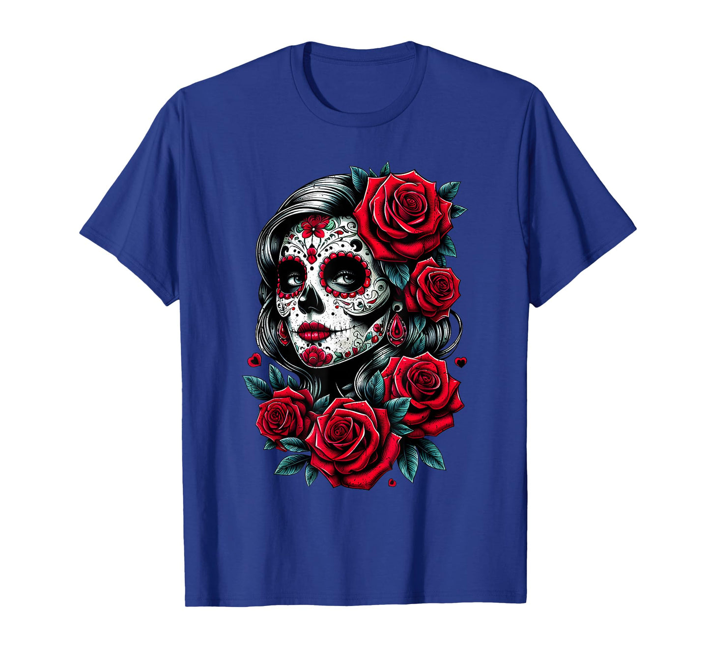 Dia de Muertos Cinco de Mayo Sugar Skull Women Red Roses T-Shirt