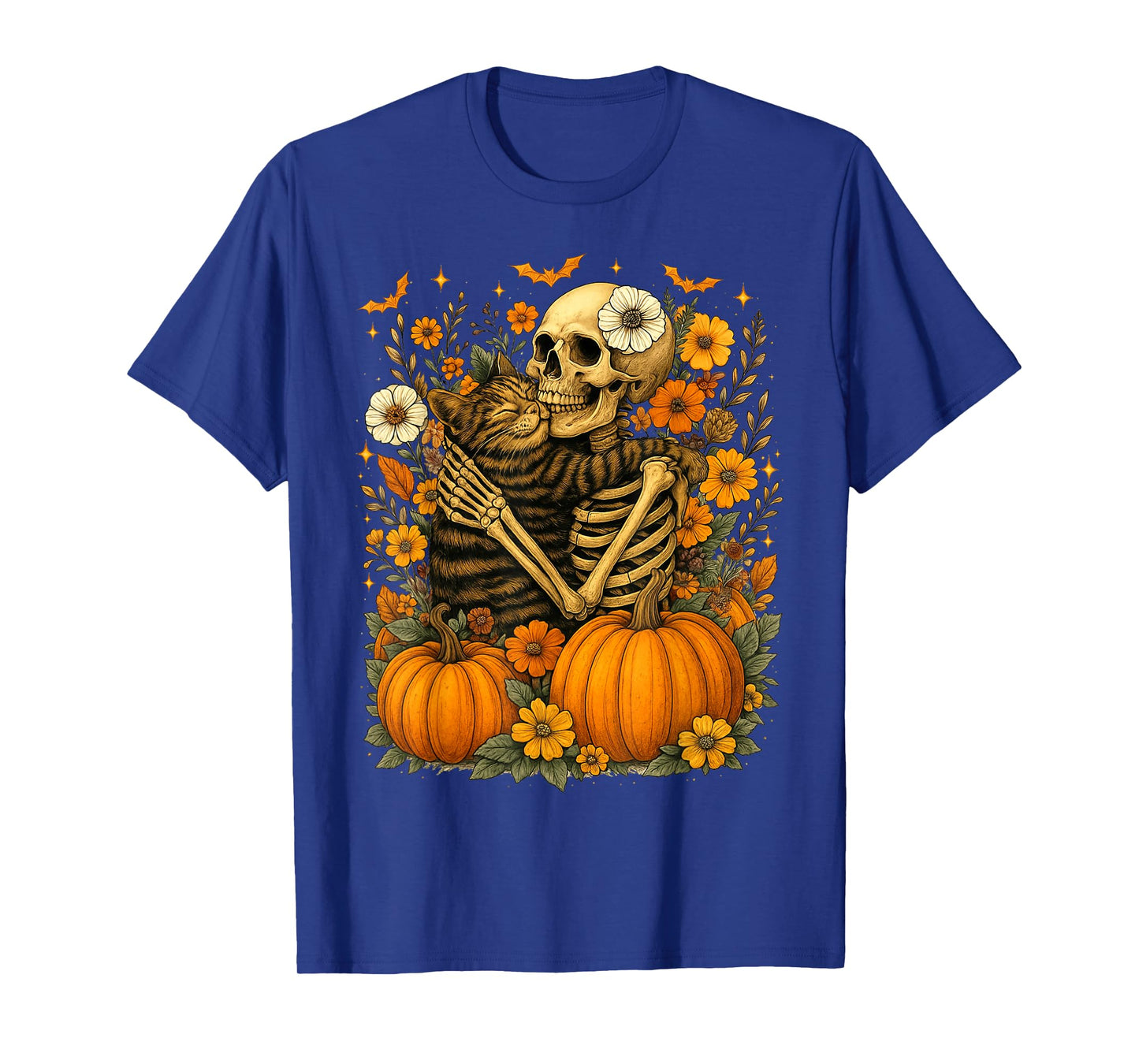 Retro Floral Skeleton Hugging Cat Halloween Cats Lover Women T-Shirt
