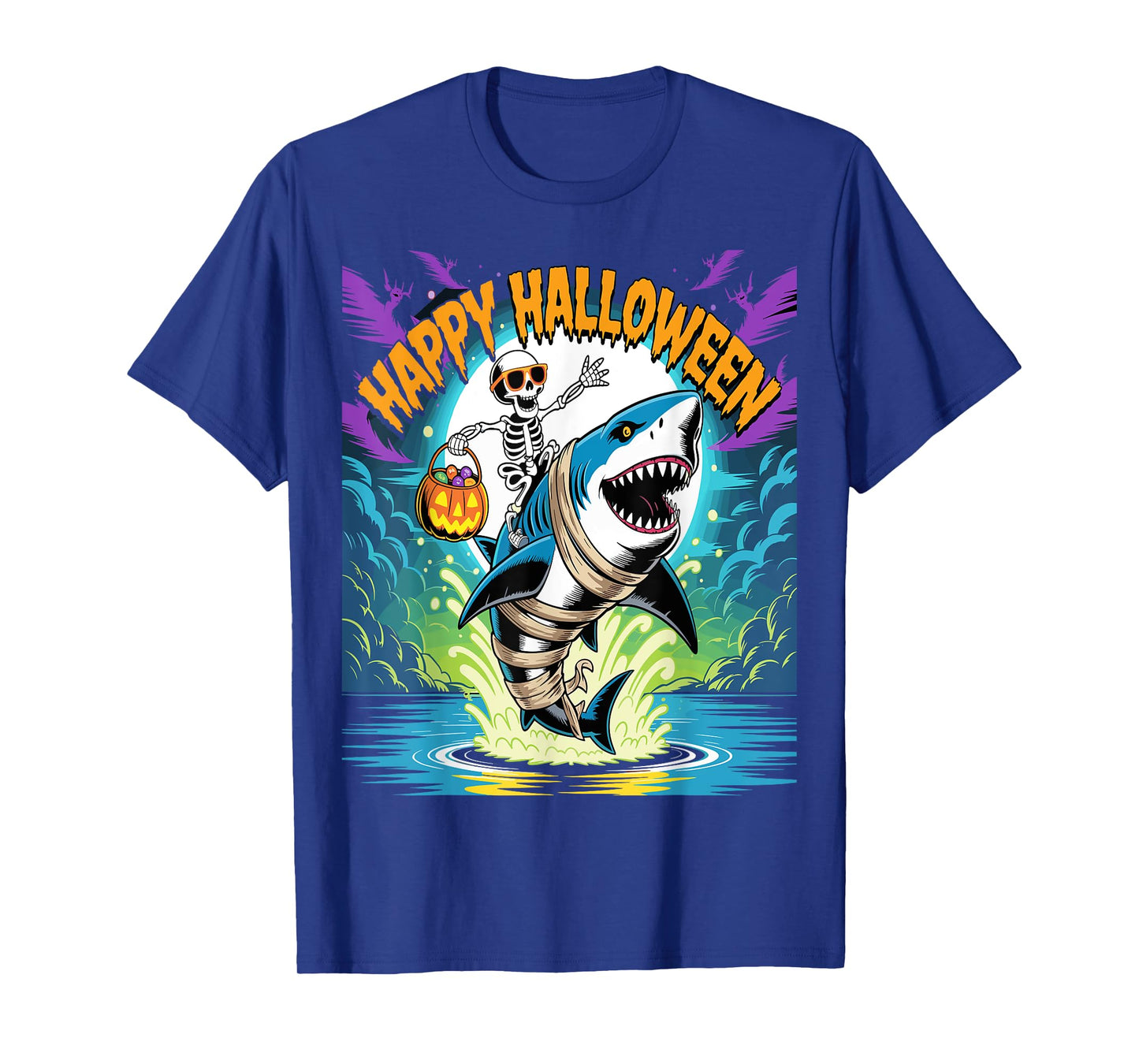 Skeleton Riding Mummy Shark Funny Halloween Costume T-Shirt