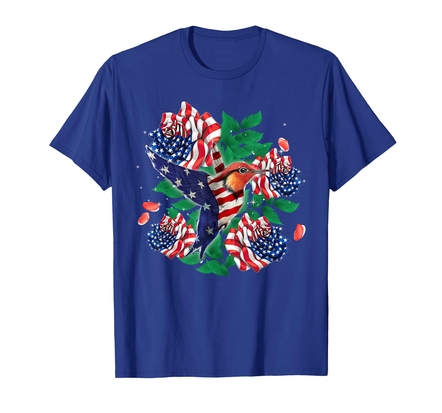 Hummingbird and Rose American Flag Tee Patriotic 4th Of July T-Shirt for Women Men