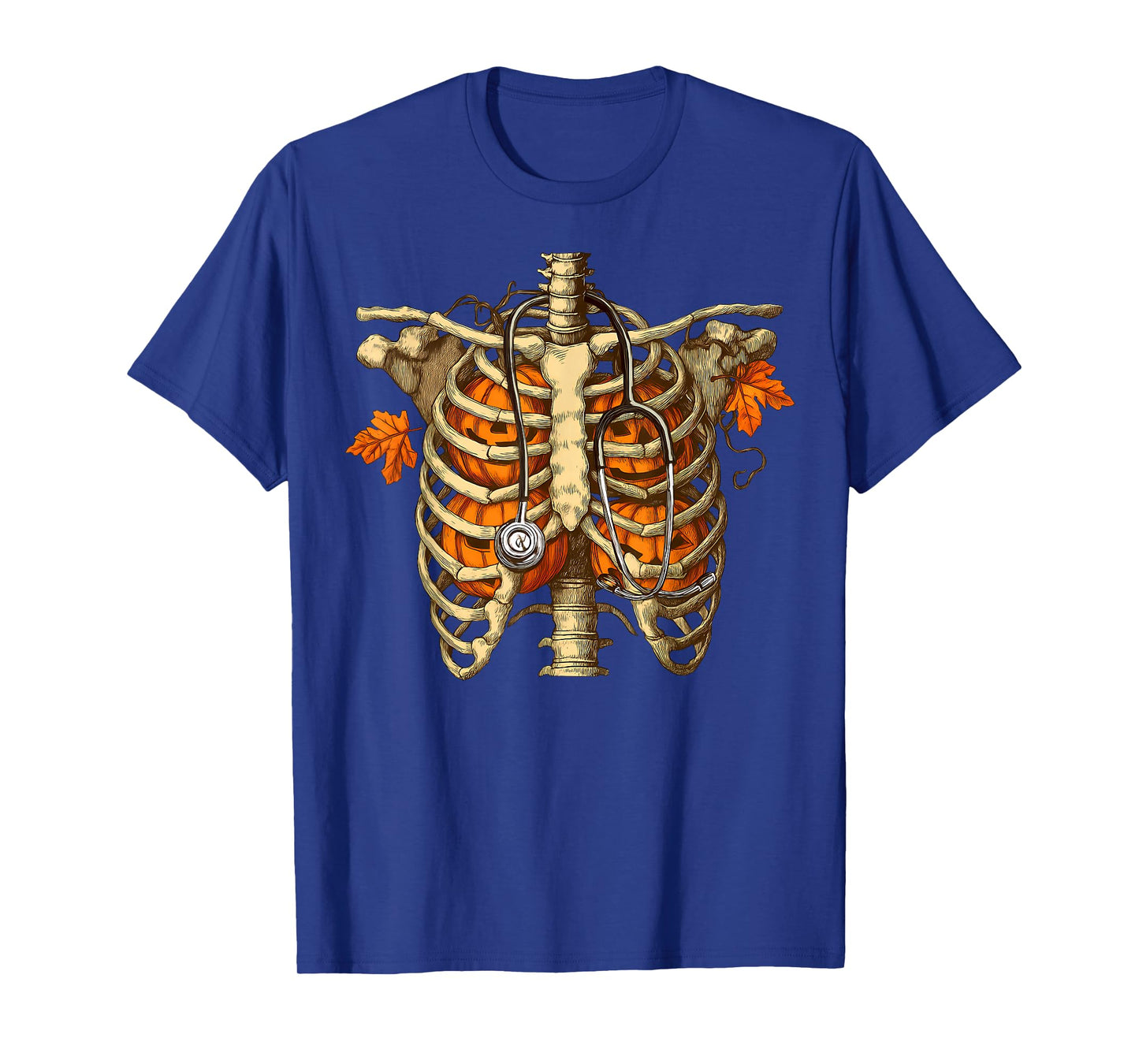Halloween Spooky Nurse Costumes Pumpkin Rib Cage Stethoscope T-Shirt
