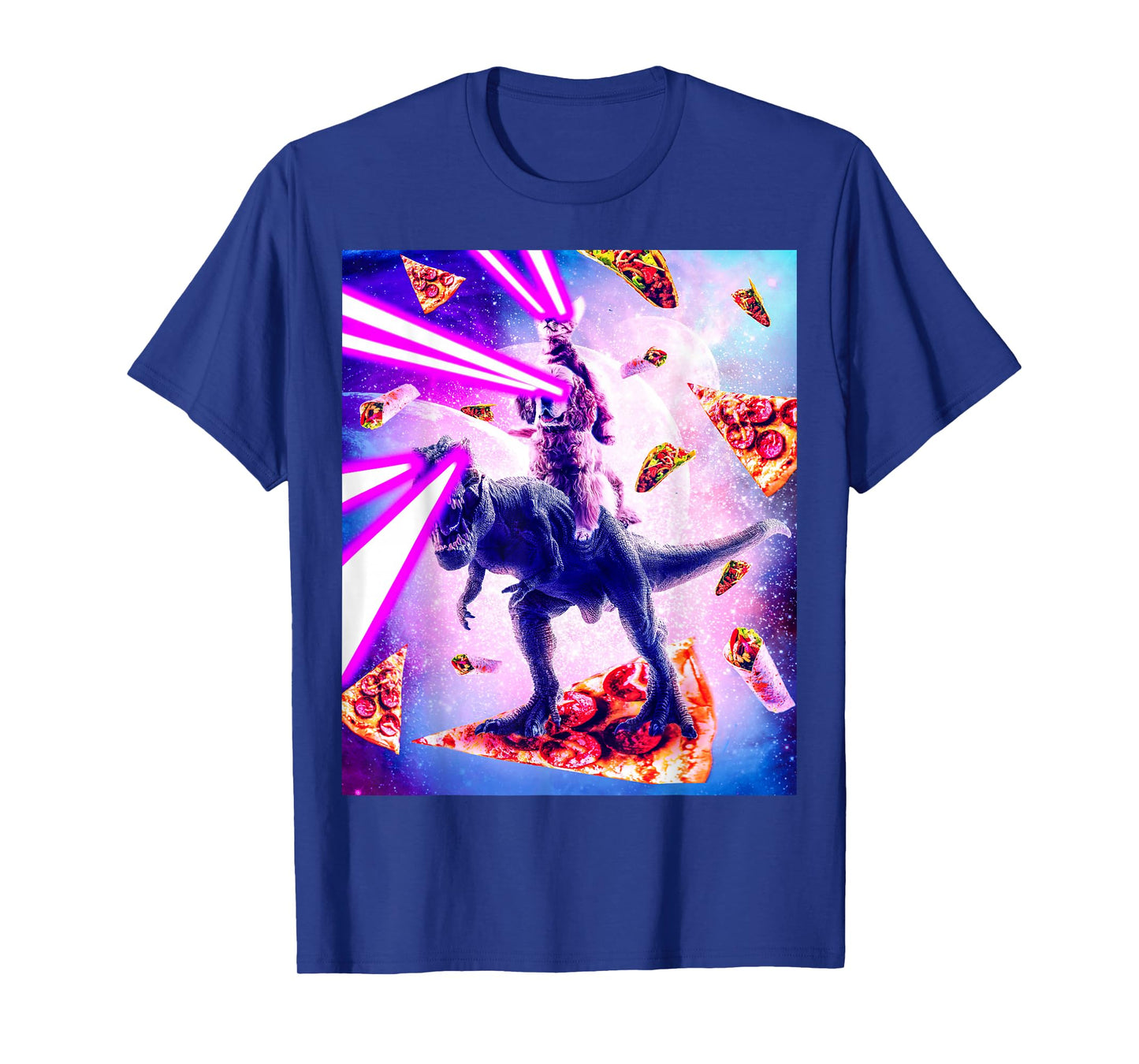 Laser Eyes Space Cat Riding Dog And Dinosaur T-Shirt
