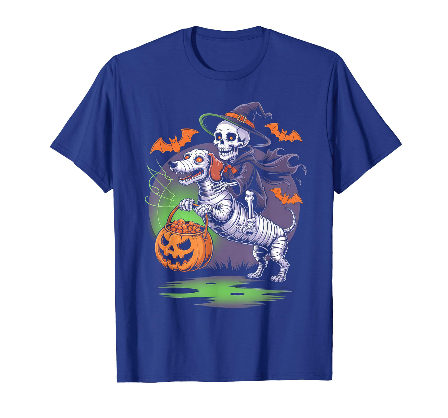 Funny Skeleton Riding Mummy Dachshund Dog Pumpkin Halloween T-Shirt