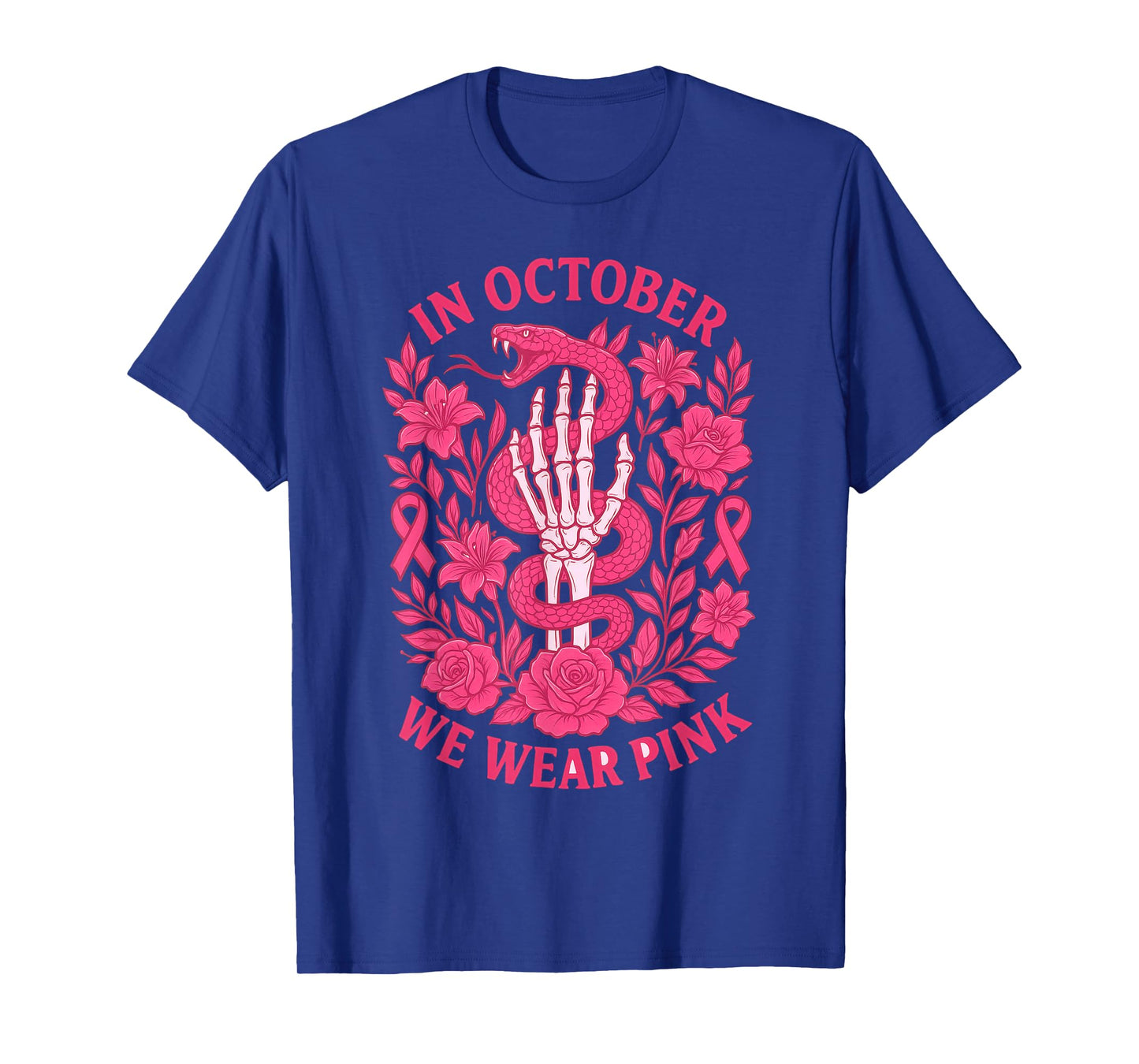 in October We Wear Pink Ribbon Snake Skeleton Hand Womens T-Shirt