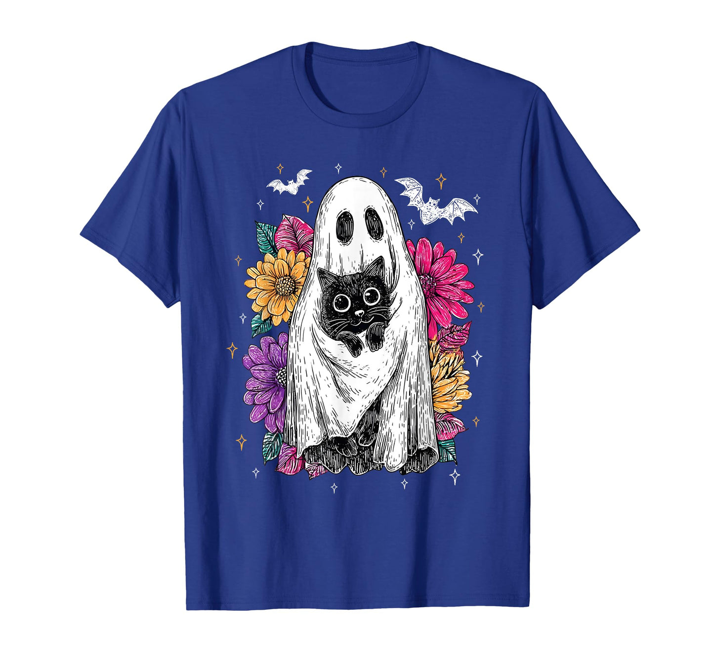 Ghost Cat Floral Halloween Cute Black Cat Spooky Season T-Shirt