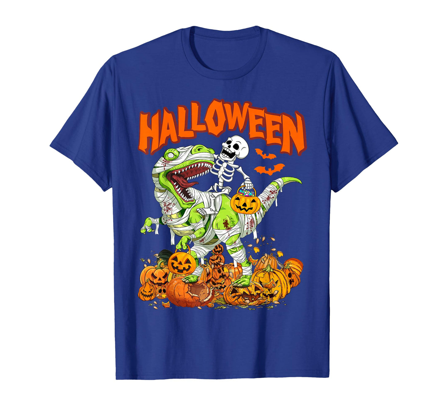 Skeleton Riding Mummy Dinosaur T rex Halloween Pumpkins Kid T-Shirt