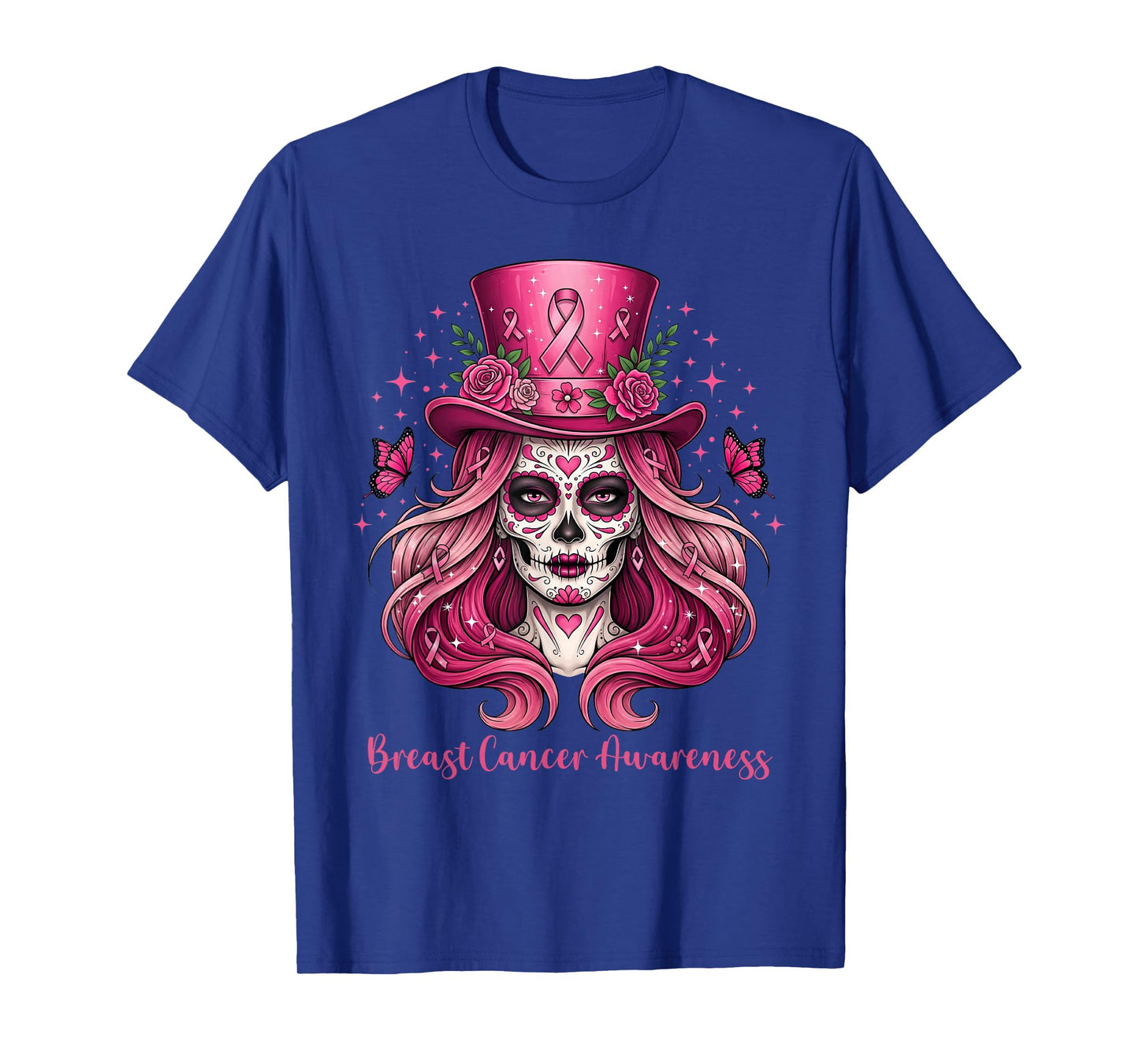Skull Breast Cancer Awareness Skeleton Women Pink Ribbon T-Shirt