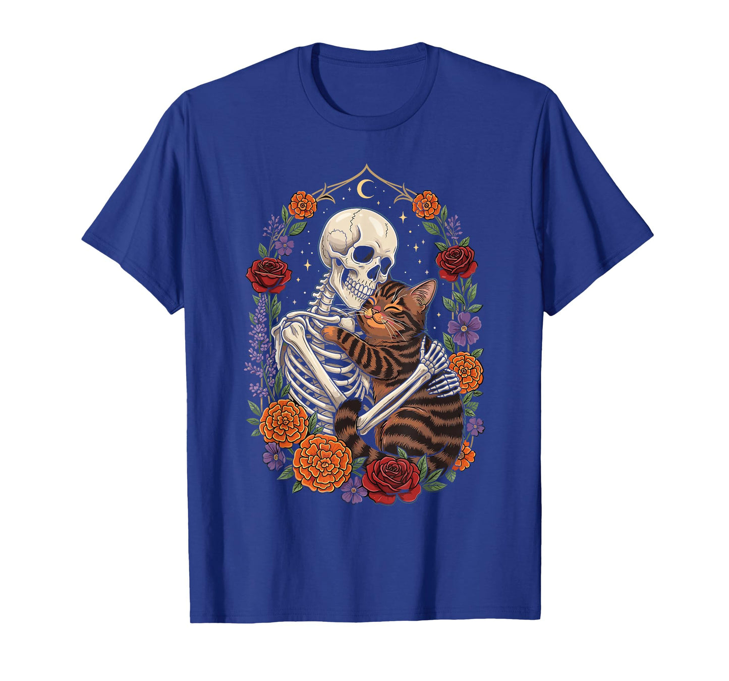 Skeleton Hugging Cat with Flowers Gothic T-Shirt