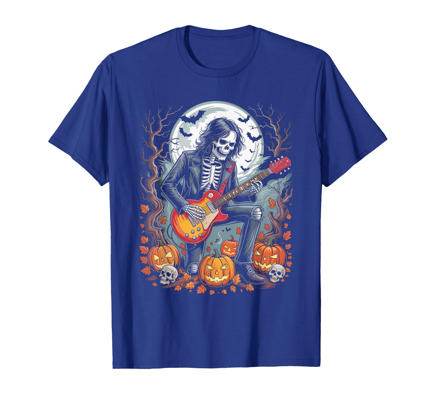 Halloween Skeleton Rock Guitar Skull Pumpkin Black T-Shirt