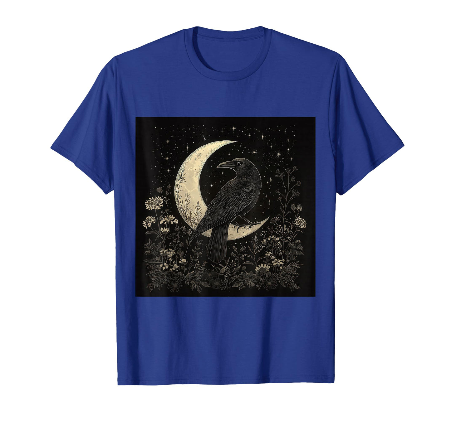 Raven Perched on Crescent Moon, Floral Night Scene T-Shirt