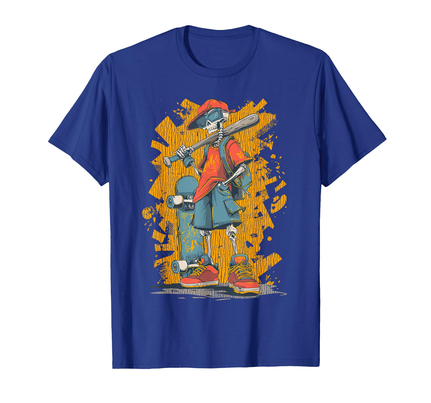 Halloween Skeleton Skater Baseball Bat Graphic Street Style T-Shirt