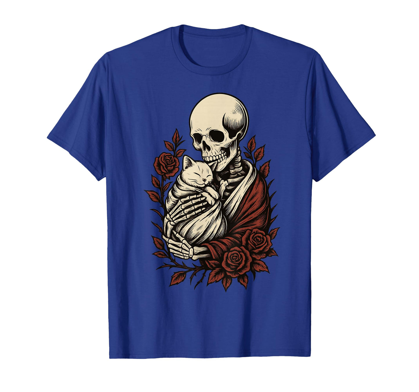 Skeleton Hugging Cat Gothic Floral Creepy Cute Halloween T-Shirt