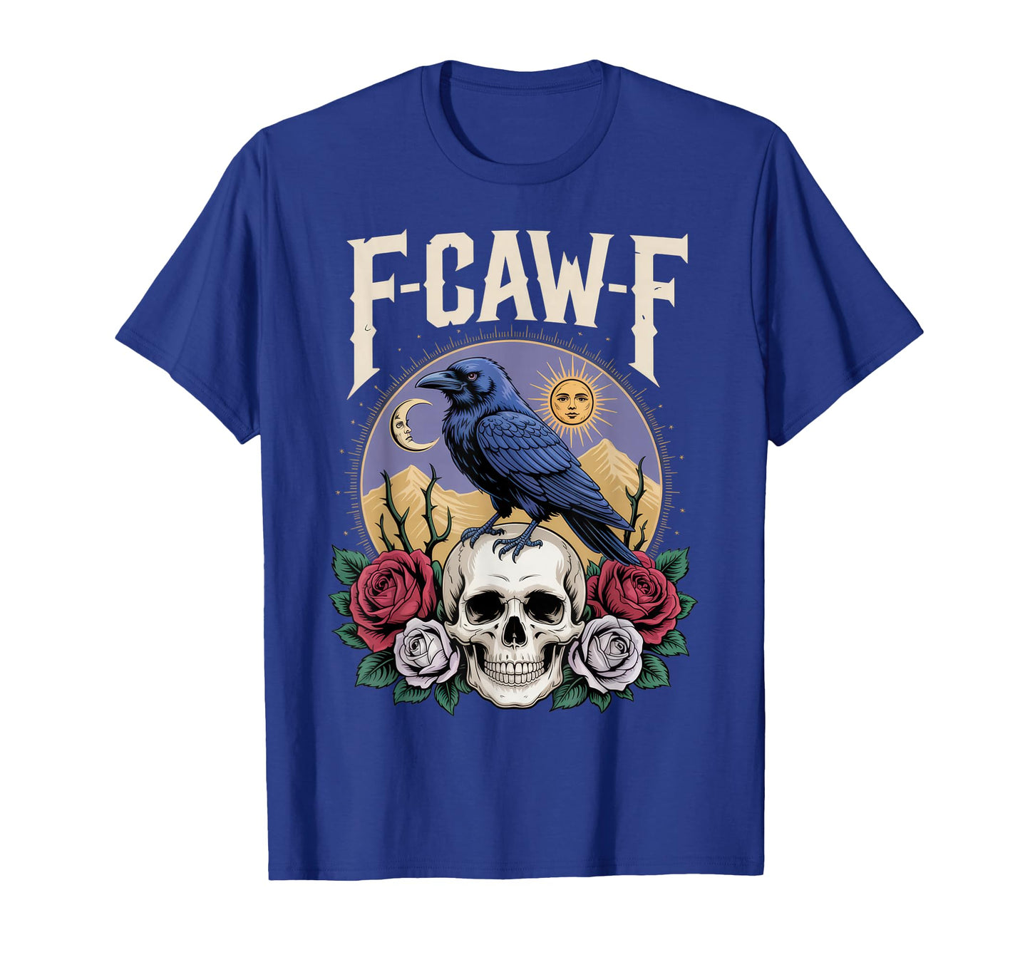 F-CAW-F Funny Raven Gothic Outfit Skull Roses Sun Moon Look T-Shirt