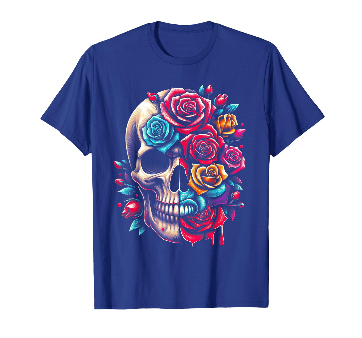 Half Flower Half Skull Sugar Roses for Women Girls Halloween T-Shirt