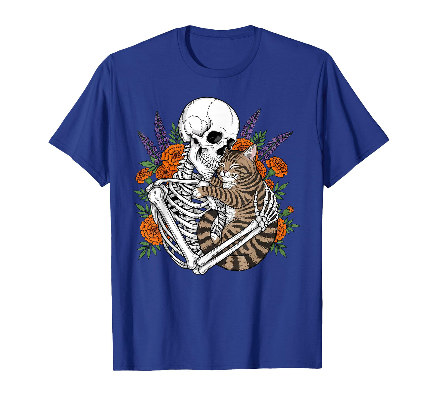 Floral Skeleton Hugging Cat Halloween Gothic Aesthetic T-Shirt