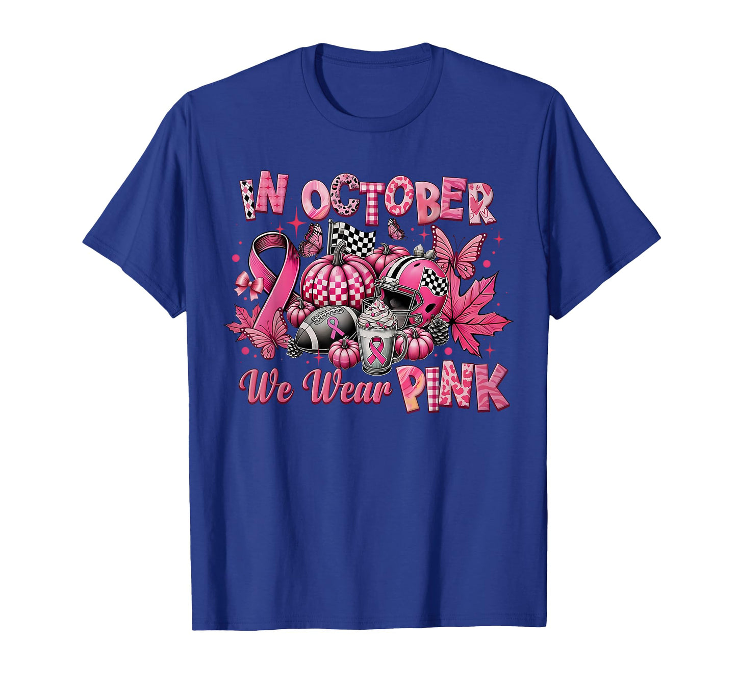 in October We Wear Pink Ribbon Pumpkin Breast Cancer T-Shirt