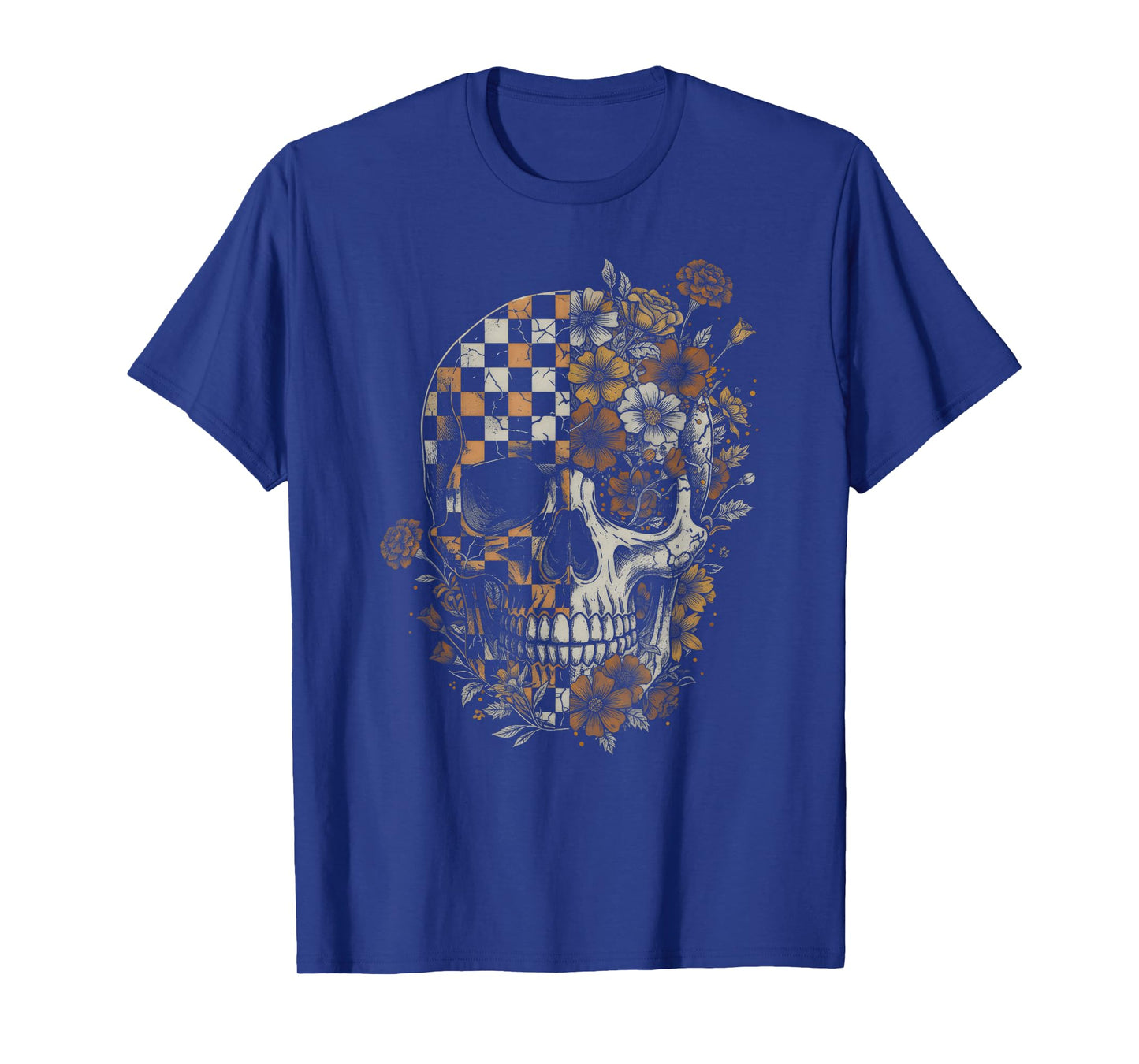 Checkered Boho Floral Skull Halloween Women Girl T-Shirt
