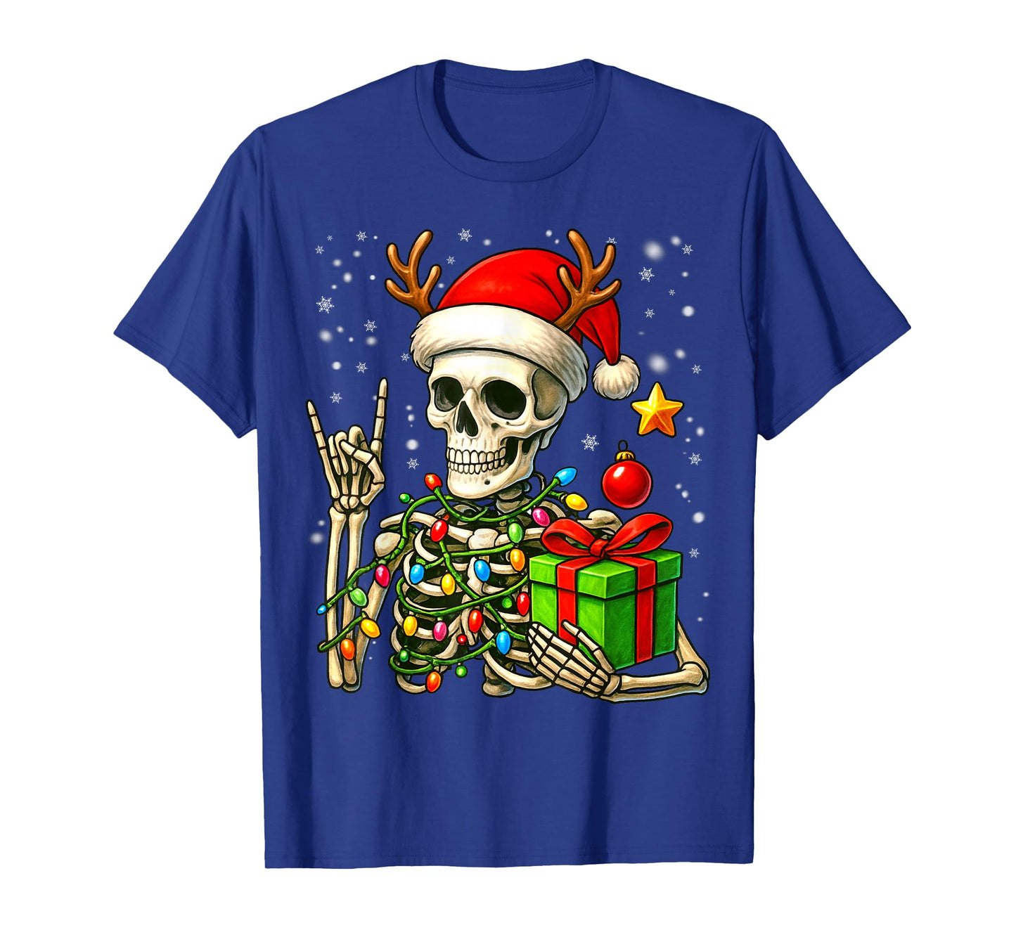 Funny Skeleton Rock on Reindeer Santa Hat Christmas Xmas Men T-Shirt