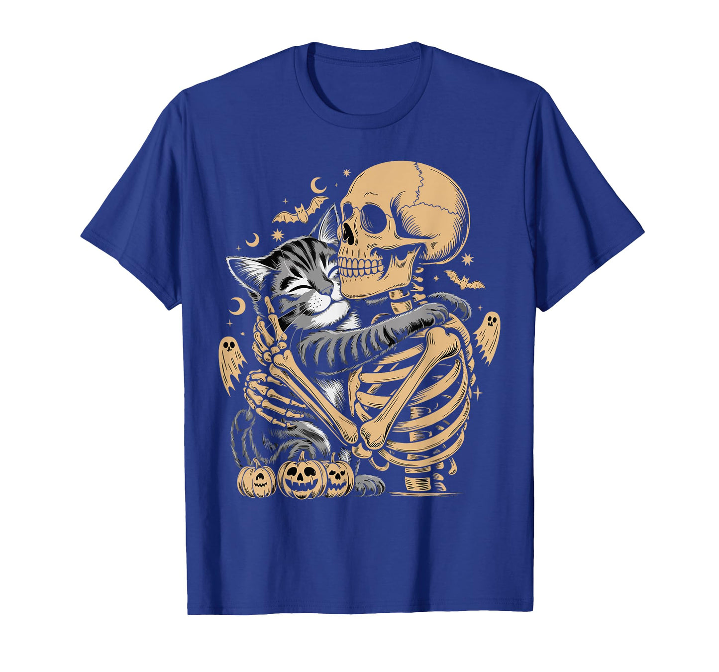 Skeleton Hugging Cat Halloween Cat Lover T-Shirt