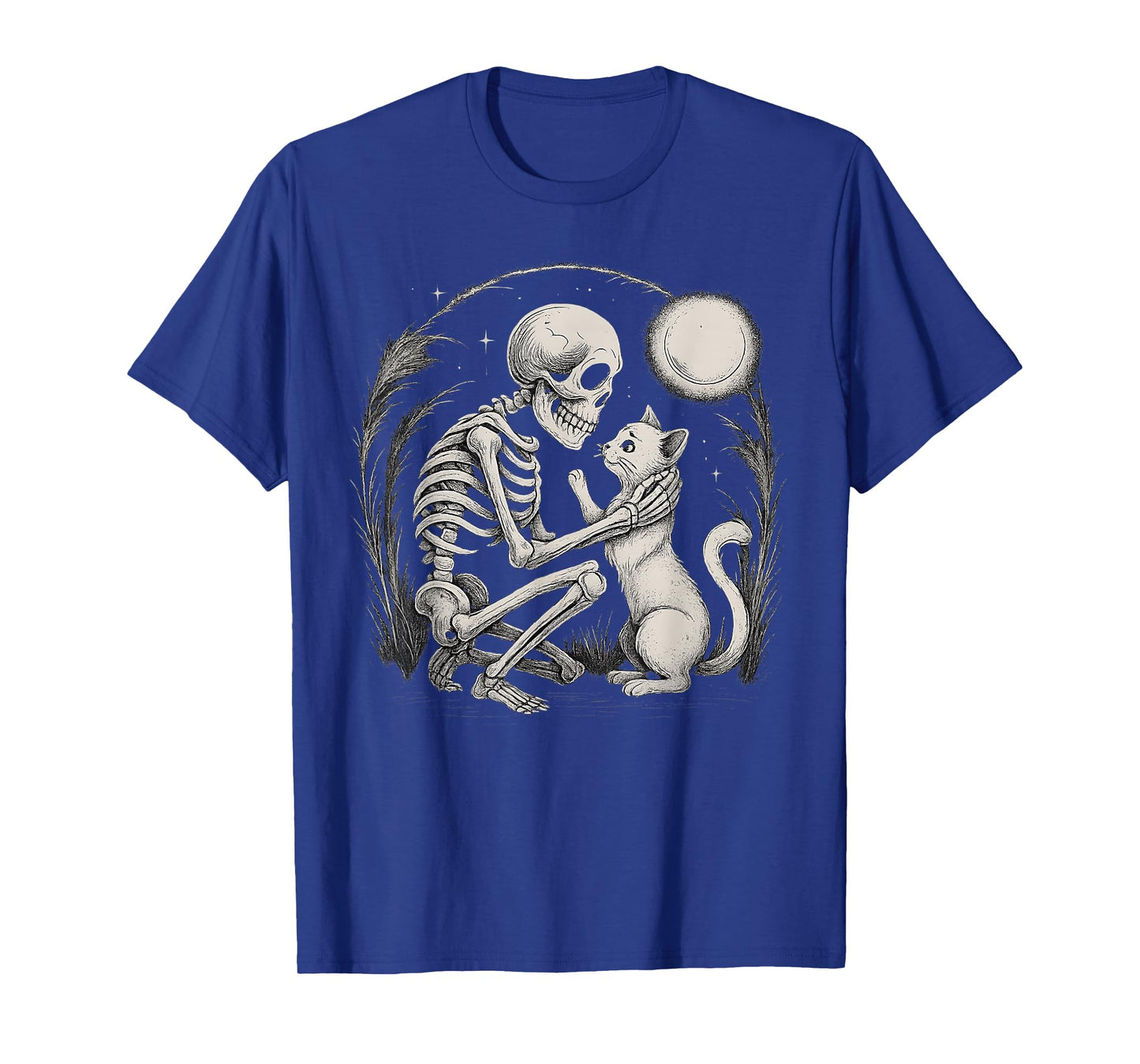 Skeleton Cat Moon Night Halloween Funny Cute Men Women Lazy T-Shirt
