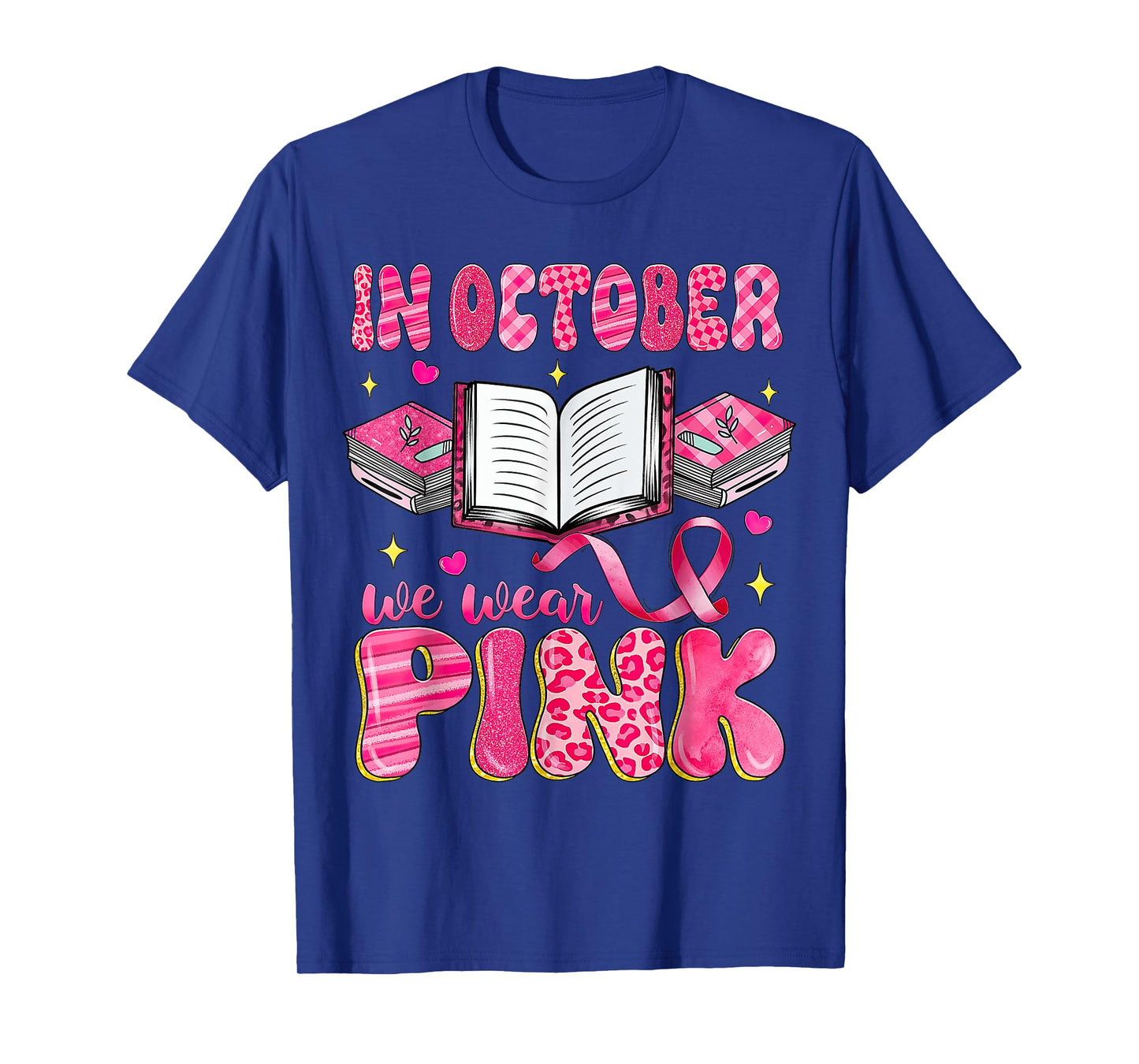 In October We Wear Pink Book Teacher Leopard Breast Cancer T-Shirt