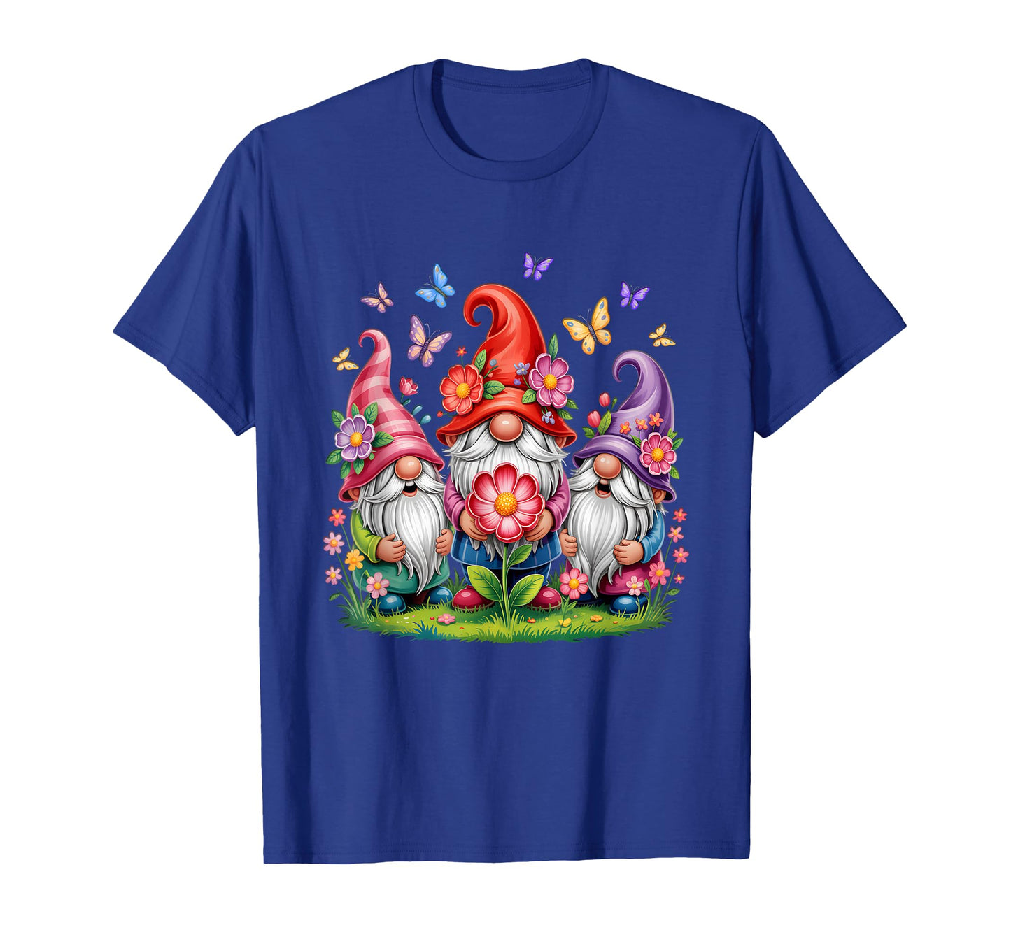 Whimsical Three Gnome Trio Blooming Flowers And Butterflies T-Shirt