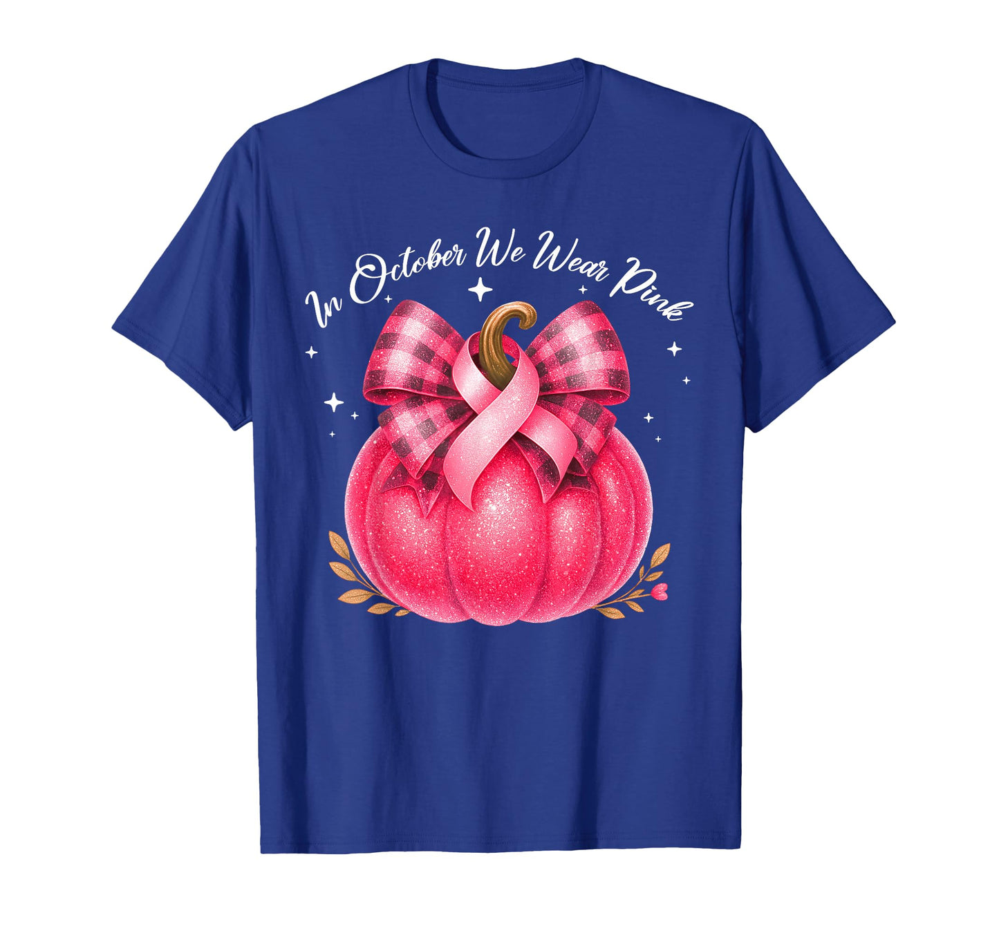 in October We Wear Pink Pumpkin Breast Cancer Coquette Bow T-Shirt