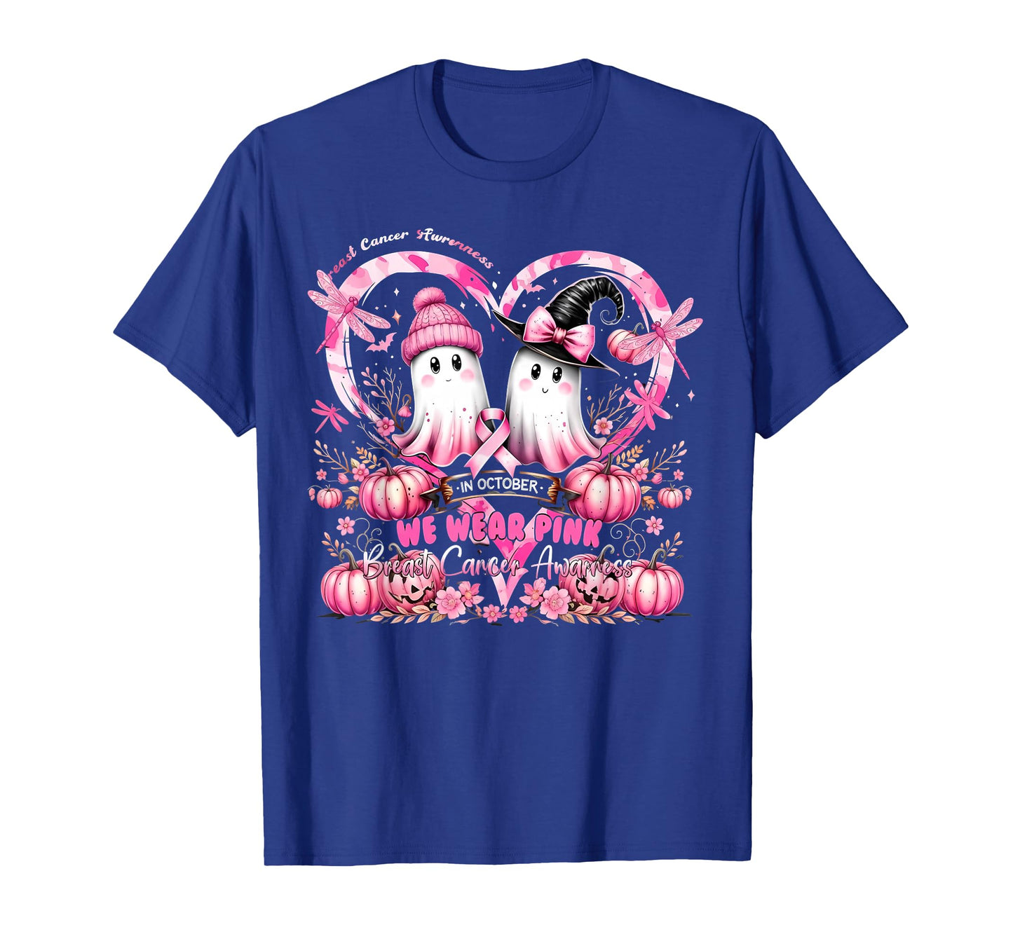 in October We Wear Pink Breast Cancer Heart Dragonflies T-Shirt