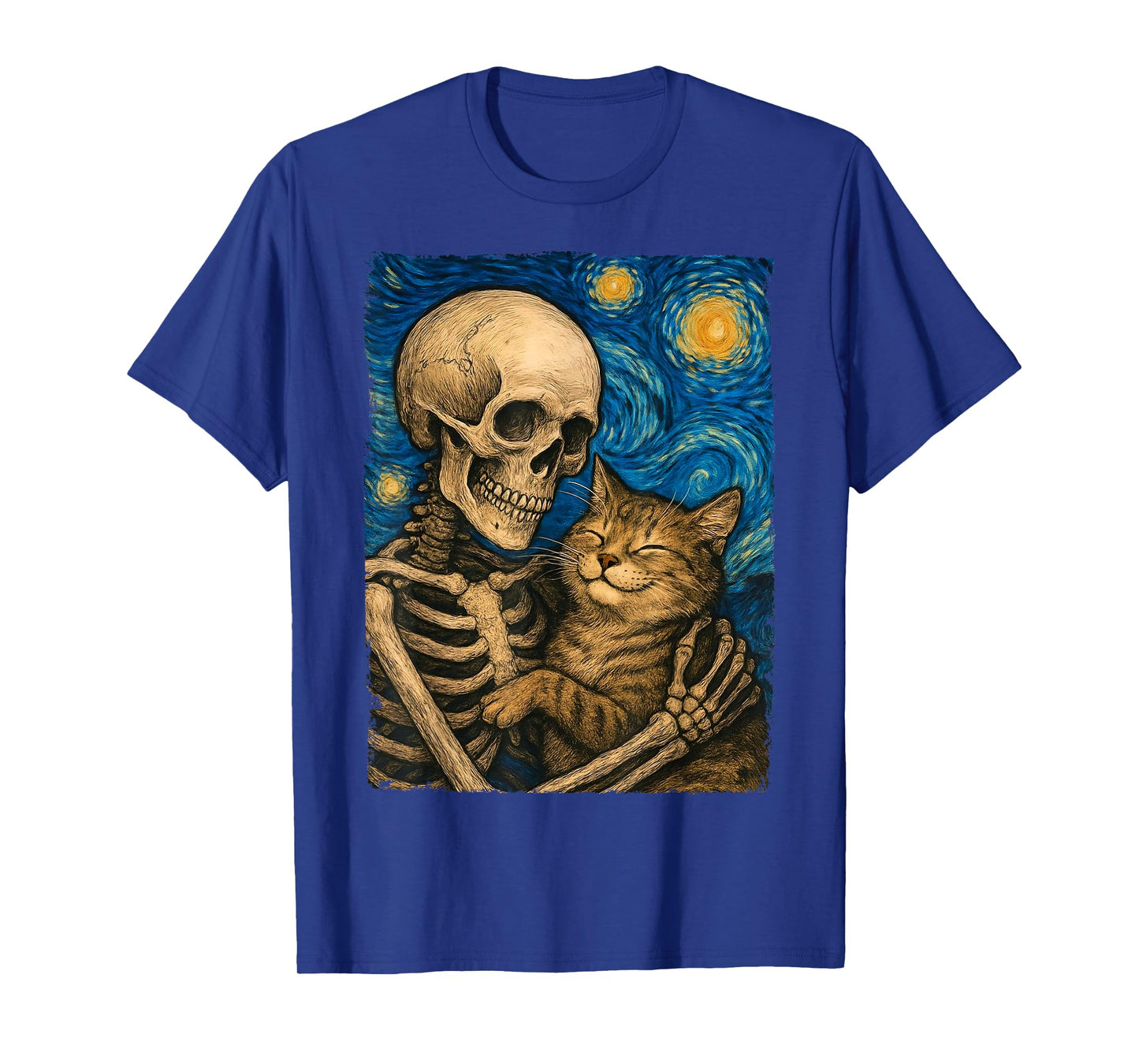 Skeleton Hugging Cat Starry Night Cute Halloween Cats Lover T-Shirt