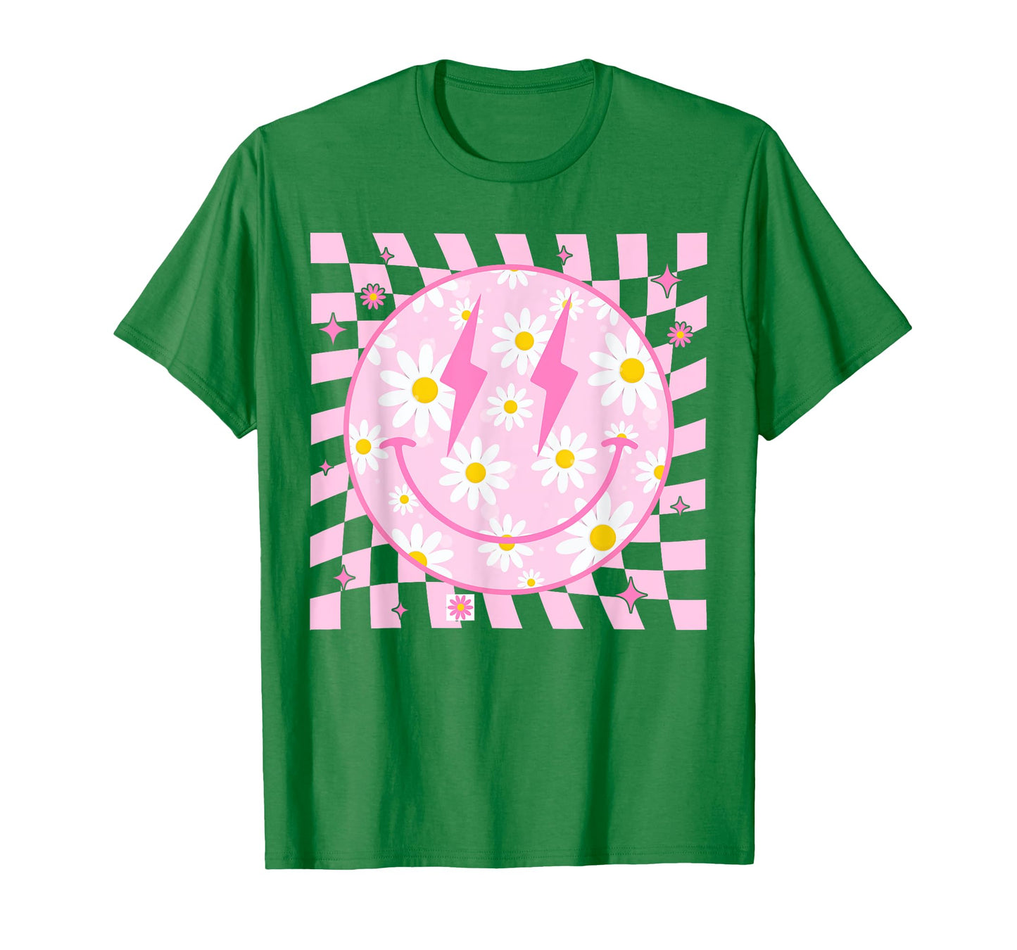 Retro Happy Smile Face Checkered Pattern Pink Daisy Flower T-Shirt