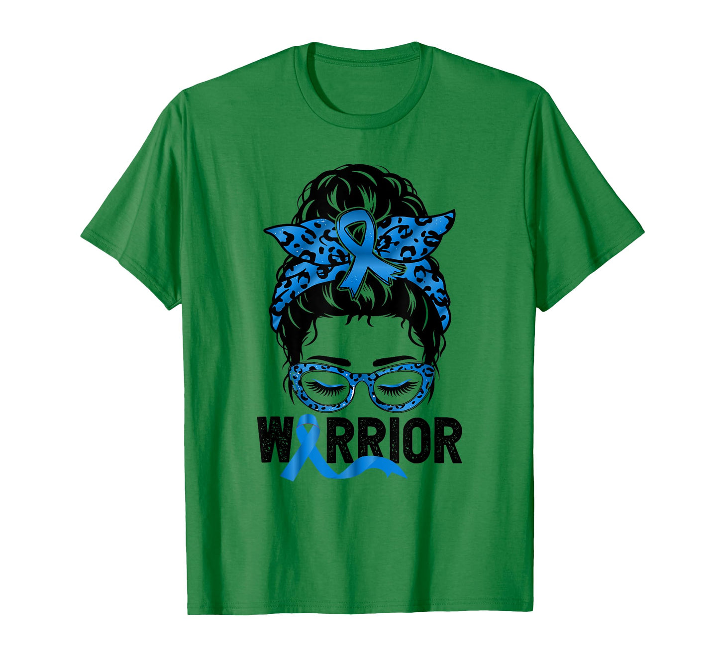 Worrior Messy bun Blue Colon Cancer Awareness Bleached T-Shirt