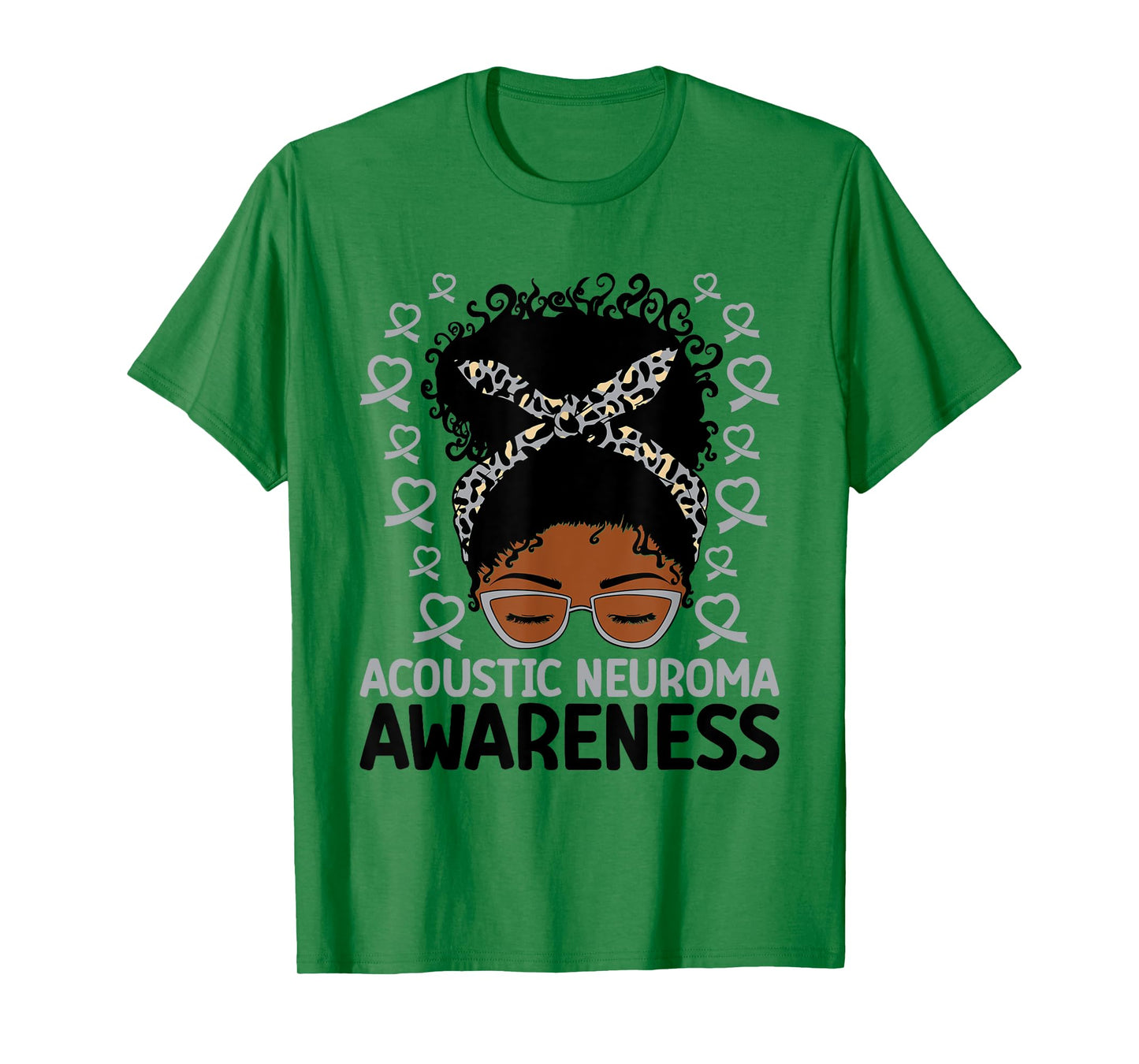Acoustic Neuroma Awareness Women Messy Bun Gray Ribbon T-Shirt