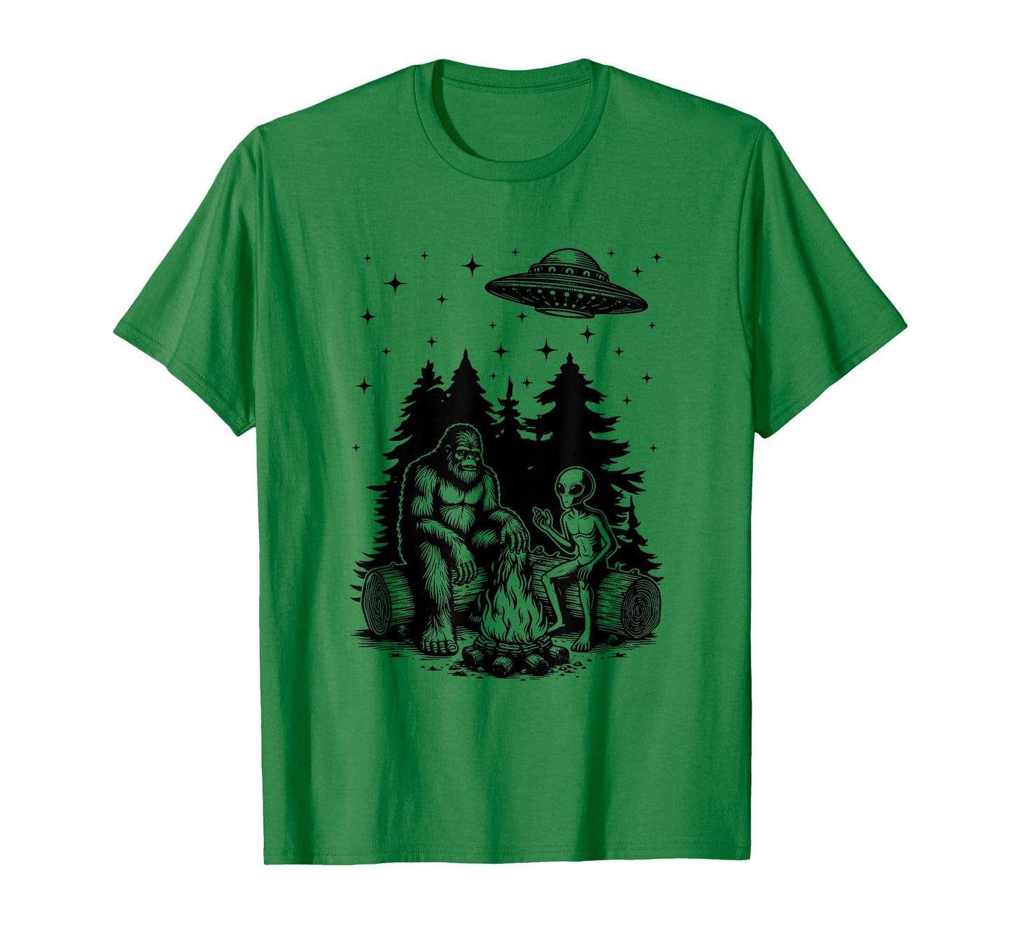 Alien And Bigfoot Campfire Sasquatch UFO For Outdoor Lovers T-Shirt