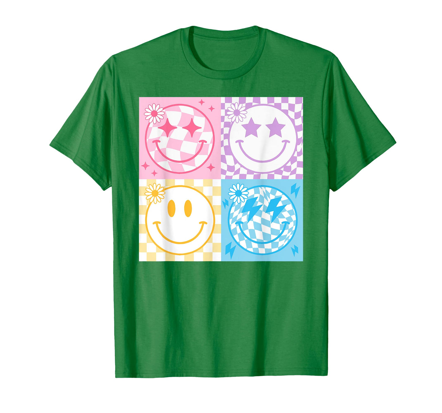 Happy Face Smile Checkered Pattern Retro Vibes Trendy Funny T-Shirt