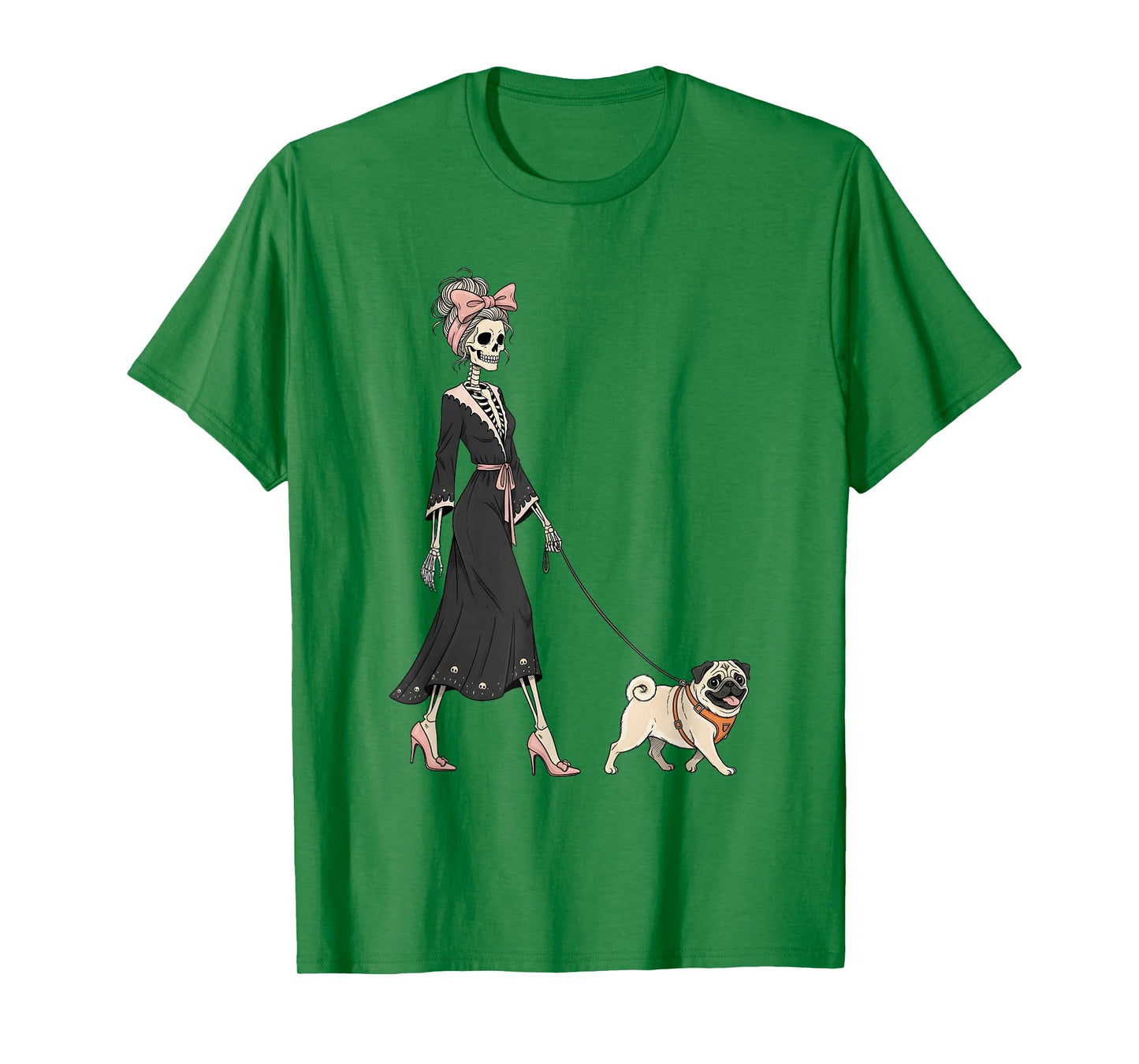 Skeleton Pug Walking Halloween Women T-Shirt