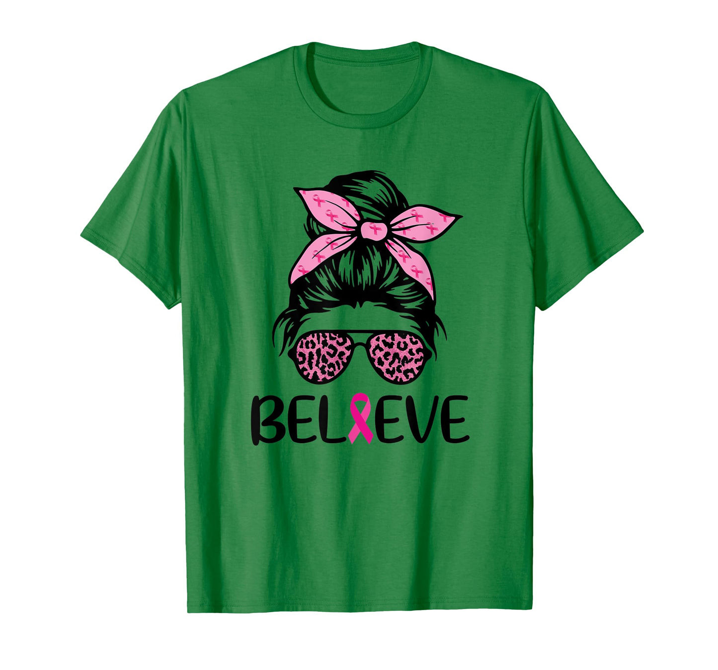 Believe Messy Bun Leopard Ribbon Breast Cancer Awareness T-Shirt