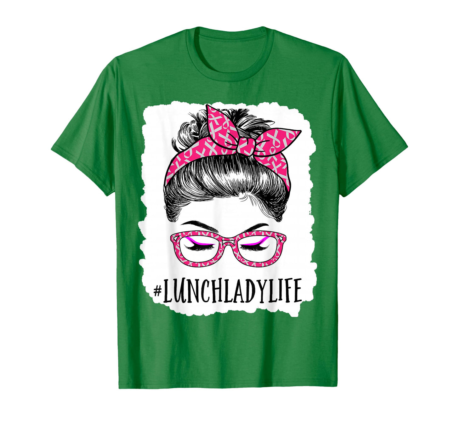 Lunch Lady In October We Wear Pink Messy Bun Cancer T-Shirt