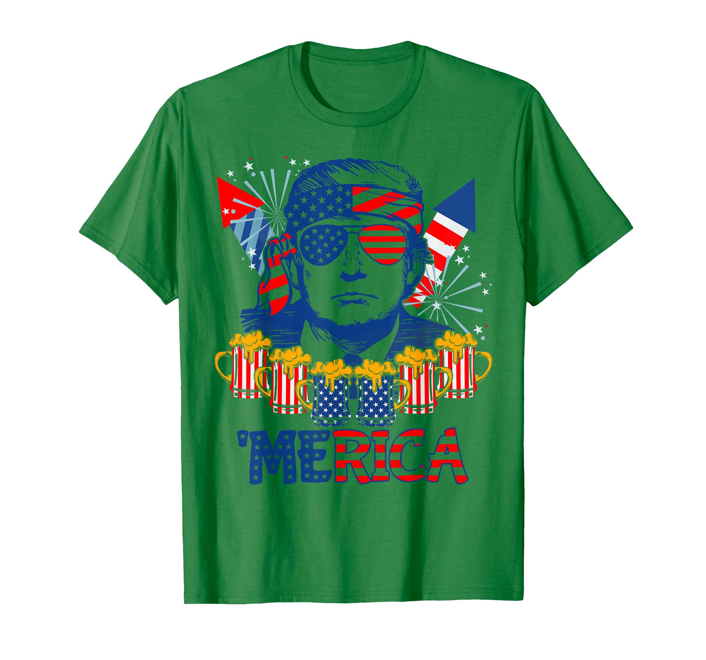 'MERICA TRUMP Drink Beer 4th Of July American Flag Fireworks T-Shirt for Women Men