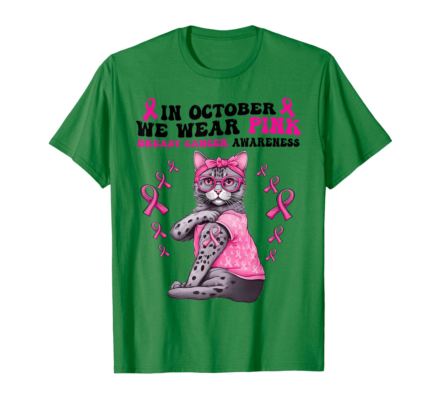 In October We Wear Pink Cute Cat Breast Cancer Awareness T-Shirt