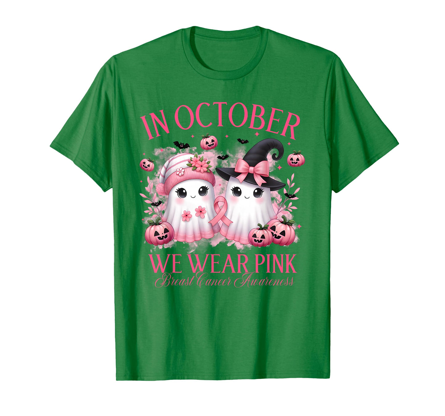 in October We Wear Pink Ghost Witch Breast Cancer Awareness T-Shirt