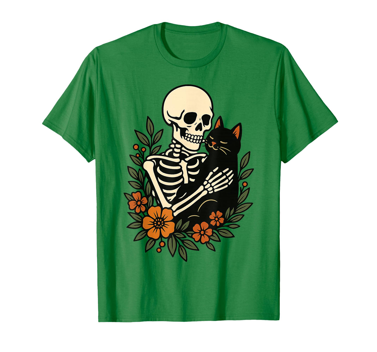 Skeleton Hugging Black Cat Floral Cute Halloween Cat Lover T-Shirt
