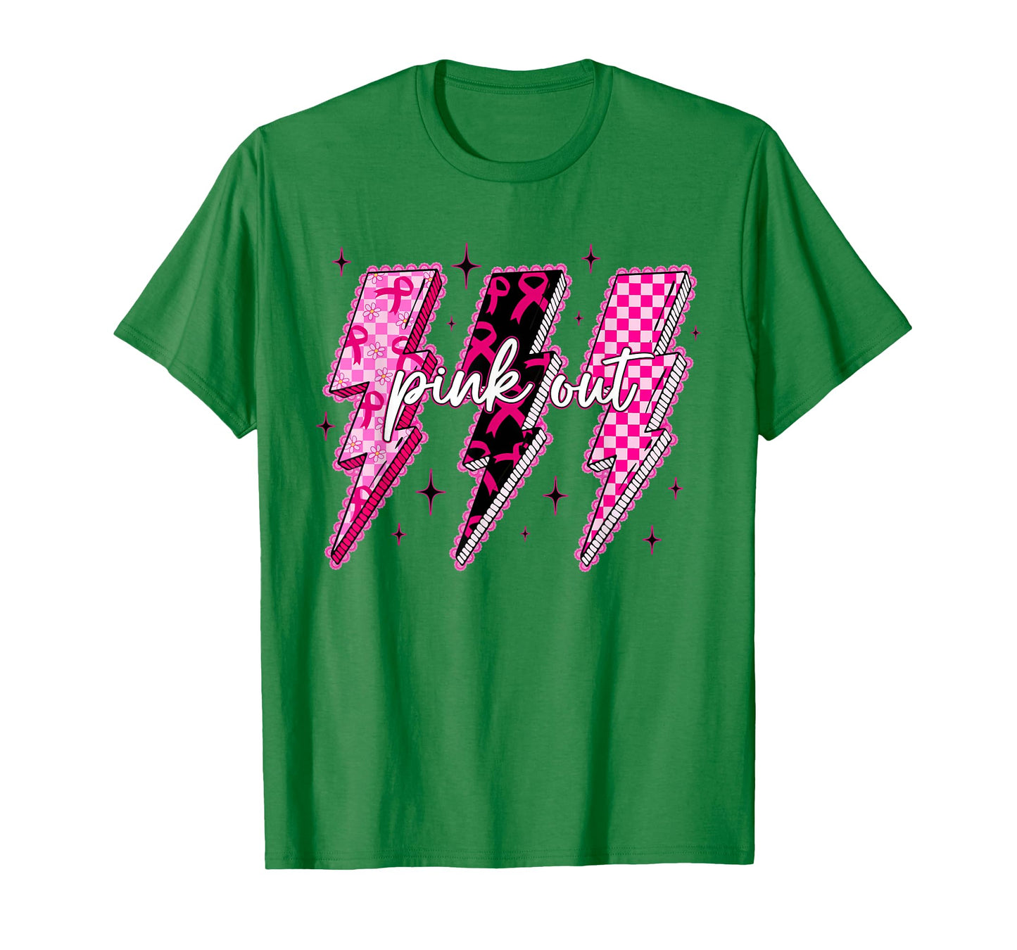 Checkered Lightning Bolt Pink Out Breast Cancer Awareness T-Shirt