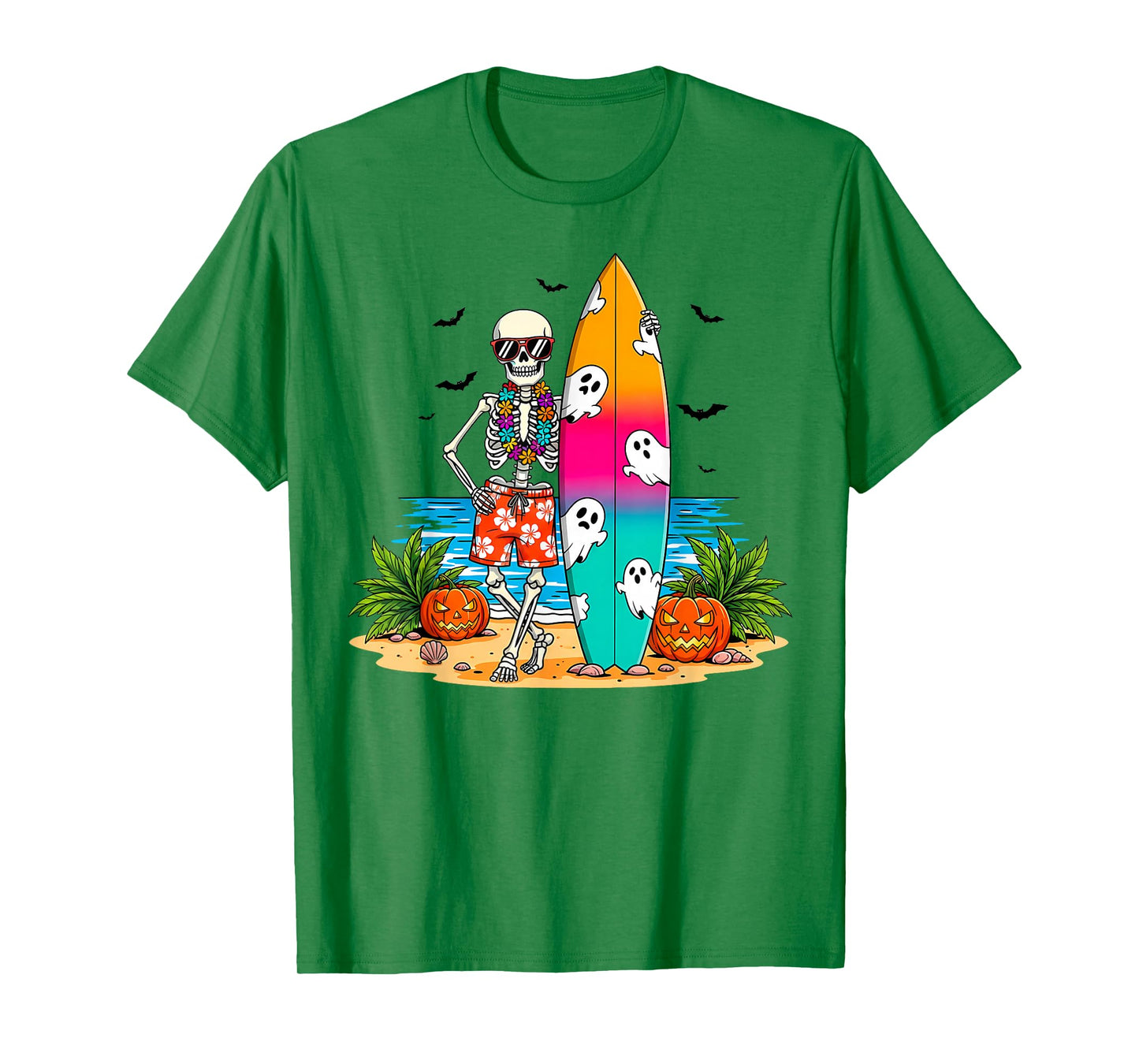 Halloween Skeleton with Surfboard Surfer Summer Beach Hawaii T-Shirt