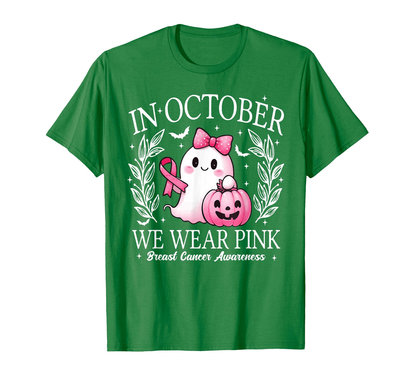 in October We Wear Pink Ghost Witch Breast Cancer Awareness T-Shirt