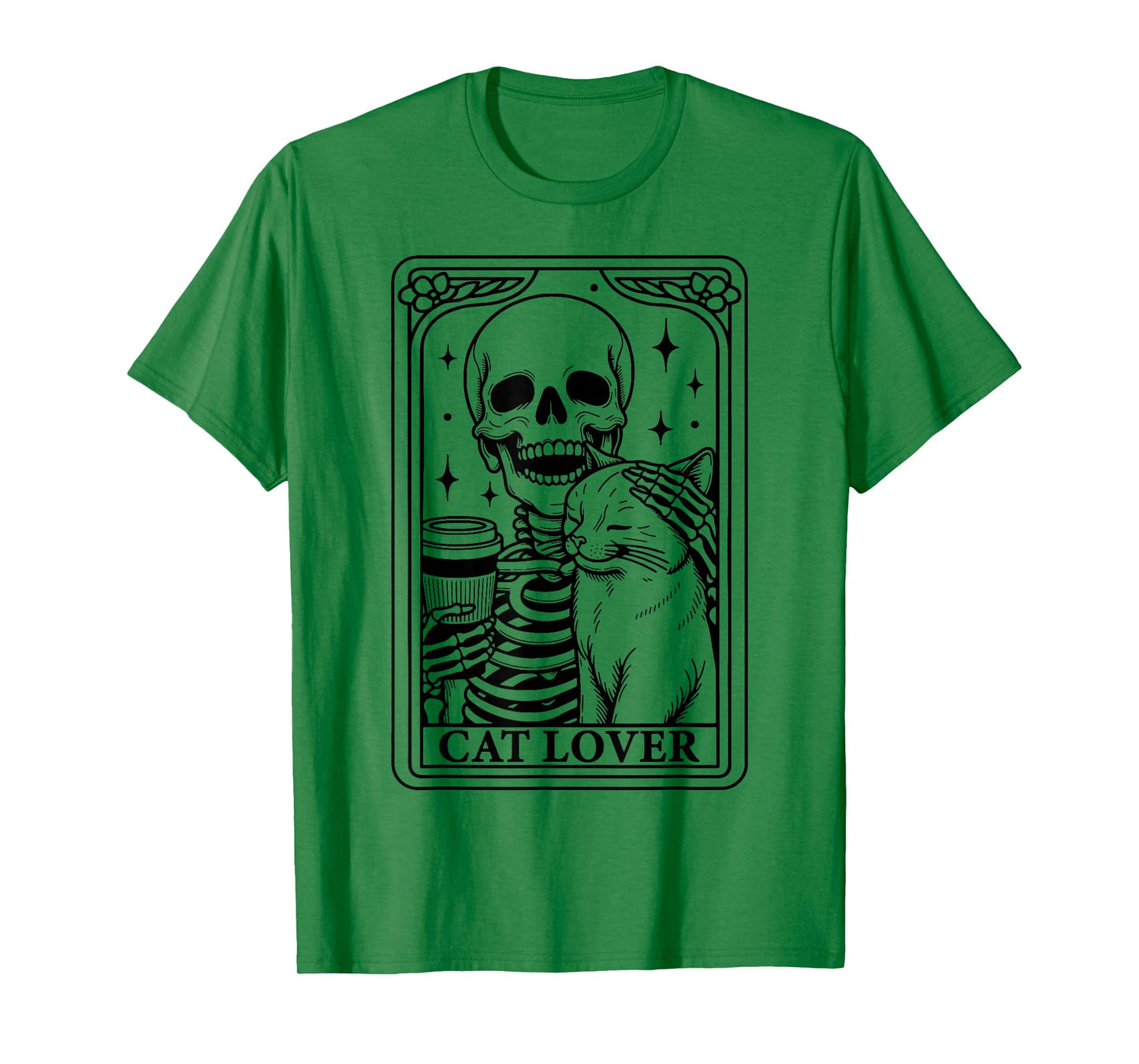 Vintage Skeleton Holding Coffee Cup Pet Cat - Cat Lover T-Shirt