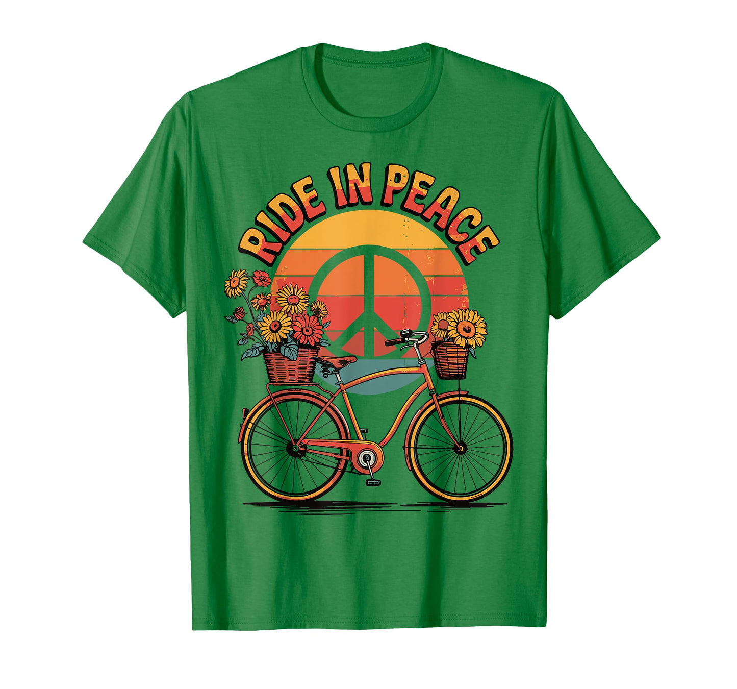 Ride In Peace Bicycle Retro Hippie Floral Sunset T-Shirt