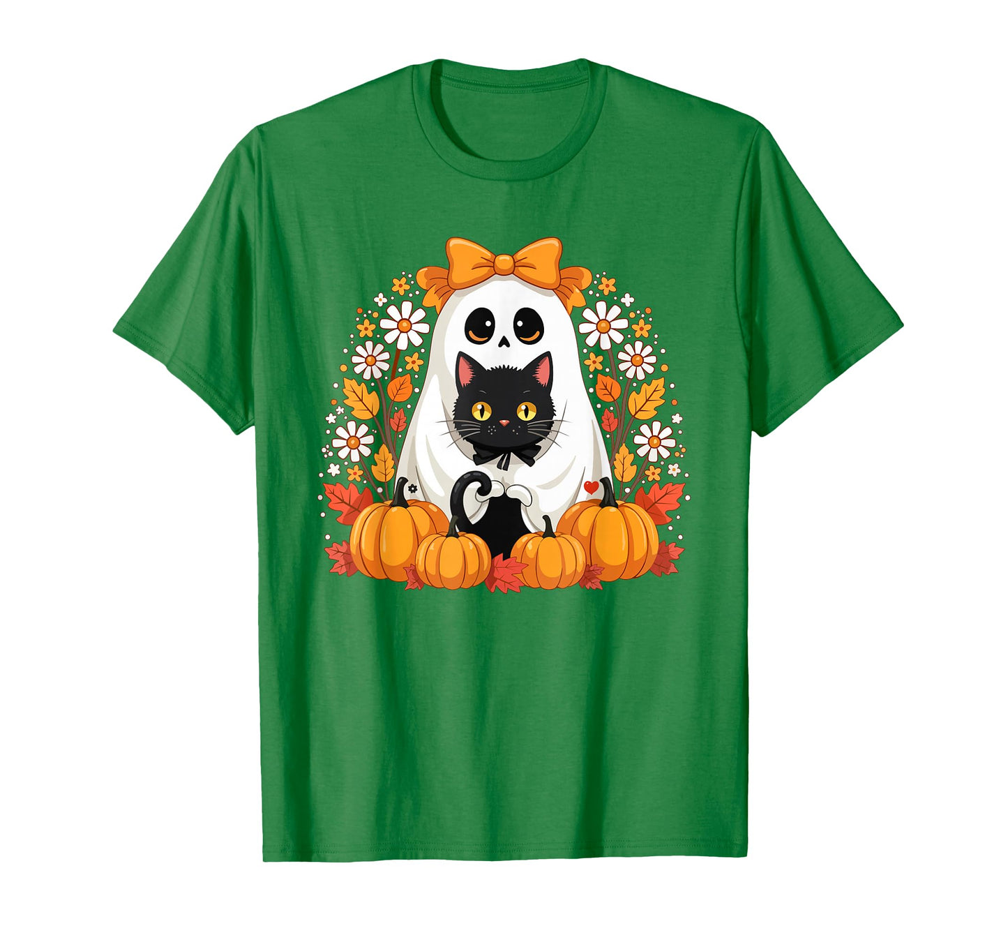 Aesthetic Flower Ghost Holding Black Cat Halloween Women T-Shirt
